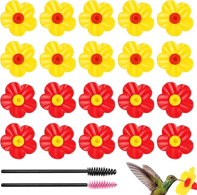 20 Pieces Hummingbird Feeders Replacement Flowers - Hummingbird Feeder P with 2 Cleaning Brush, Bird Feeder Replacement Feeding Ports for Outdoors Hanging Feeder, Yellow+Red