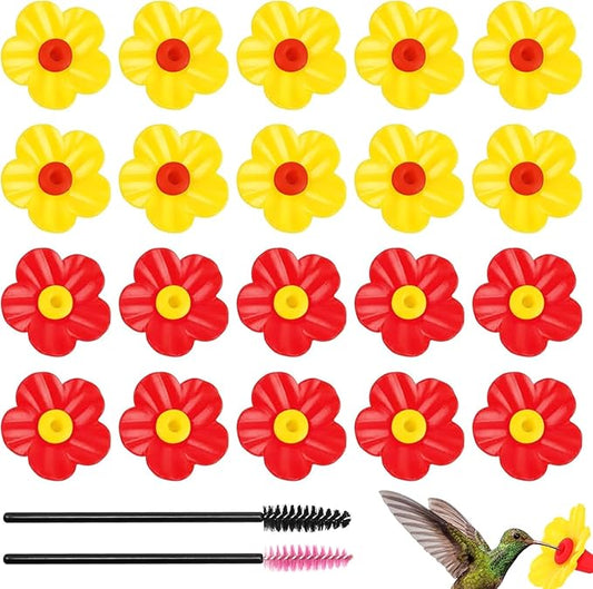 20 Pieces Hummingbird Feeders Replacement Flowers - Hummingbird Feeder P with 2 Cleaning Brush, Bird Feeder Replacement Feeding Ports for Outdoors Hanging Feeder, Yellow+Red