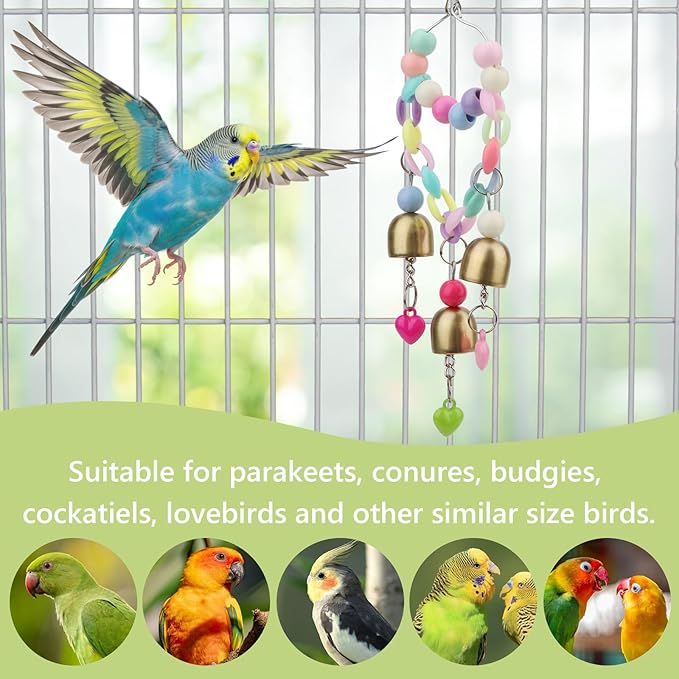 Hypeety Bird Bells Toy Hanging Cage Bell with Sweet Sound Colorful Wood Beads Bells for Lovebirds African Greys Cockatoo Macaw Parakeet Cage Hanging Perch Toy (Bell Toy-3 Bells)
