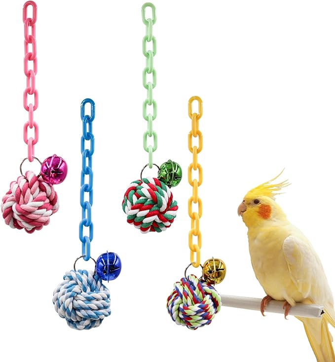 4-Pack Colorful Bird Chew Toys – Cotton Rope Balls with Chains & Bells for Small/Medium Parrots | Shredding & Play Enrichment for Budgies, Cockatiels, Lovebirds, Conures