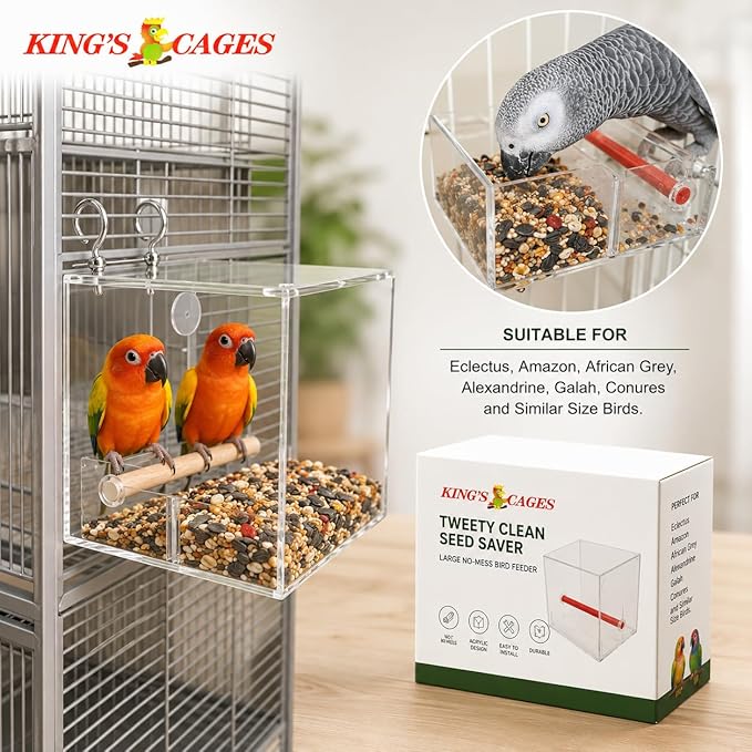 Bonka Bird Toys Large Tweeky Clean Bird Seed Feeder, 7.87" H x 7.75" W x 7.87" D, Durable Plastic with Textured Perch, Ideal for Medium to Large Bird Breeds, Indoor/Outdoor Cage Use