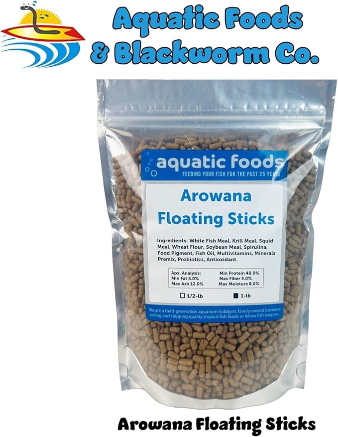 Arowana 3/16" x 3/8" 40% Protein Floating Sticks for Arowana, Oscars, Flower Horns, Red Parrots All Central and South American Cichlids...WL…1-lb Foil Pouch Bag