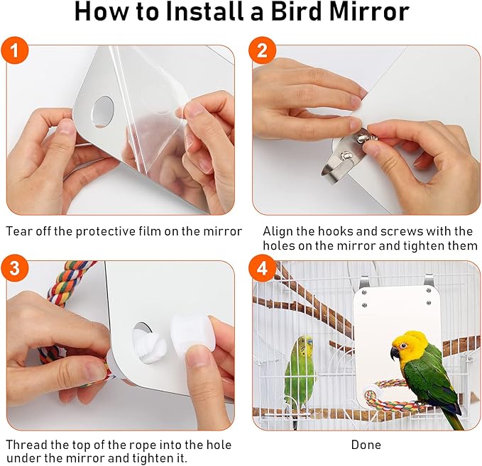 7‘’ Bird Mirror for Cage, Coolrunner Bird Parrot Mirror with Rope for Cockatiel Conures, Lovebirds, Parrot, Canaries, and Budgies