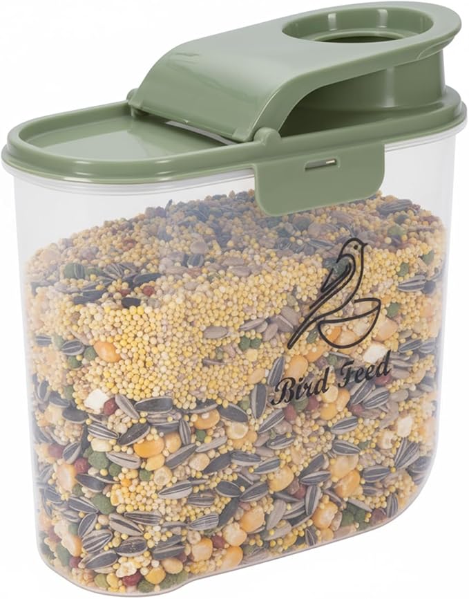 Bird Seed Storage Container, 2.1 Qt/2 L, Airtight, Flip Lid & Pour Spout, Bird Food Container with Scale for Sunflower Seeds, Portable Travel Kibble Storage Dispenser for Small Animal, Green