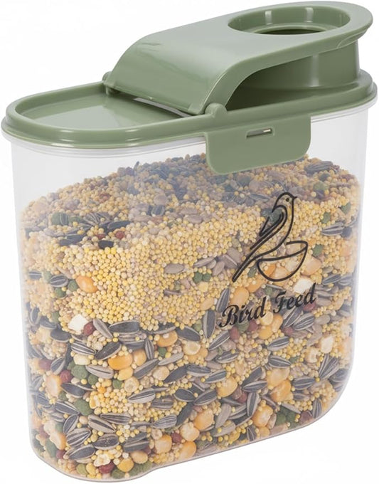 Bird Seed Storage Container, 2.1 Qt/2 L, Airtight, Flip Lid & Pour Spout, Bird Food Container with Scale for Sunflower Seeds, Portable Travel Kibble Storage Dispenser for Small Animal, Green