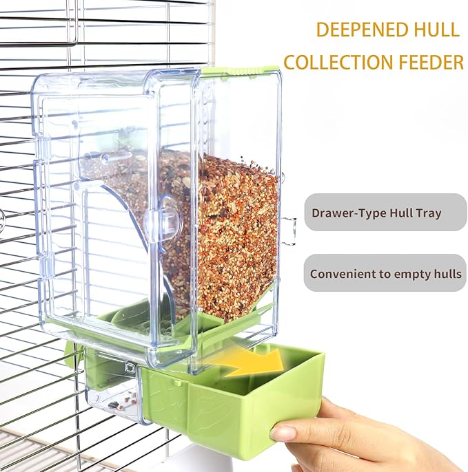 No Mess Bird Feeder with Veggie Skewer and Water Bottle Set, 15oz Feeder with Seed Hull Catcher + 4.7oz Leak-Proof Dispenser, Cage Accessories for Cockatiels, Conures, Parakeets, Lovebirds (Green)