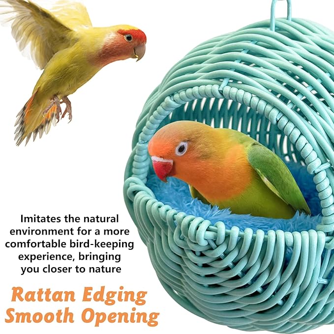 BNOSDM Rattan Parrot Nesting House Bird Nest Parakeet Hanging Swing Soft Lovebird Warm Bed Sleeping for Parrots Bird Cage Accessories for Cockatiels Budgerigars Finches Canaries (Blue)
