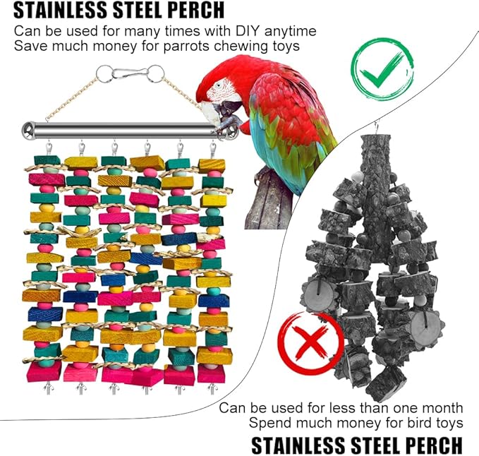 Large Bird Toys for Macaws, Stainless Steel Multicolored Wooden Blocks Bird Chewing Toy Parrot Cage Bite Toy for Macaws Cokatoos African Grey and Large Medium Parrot Birds