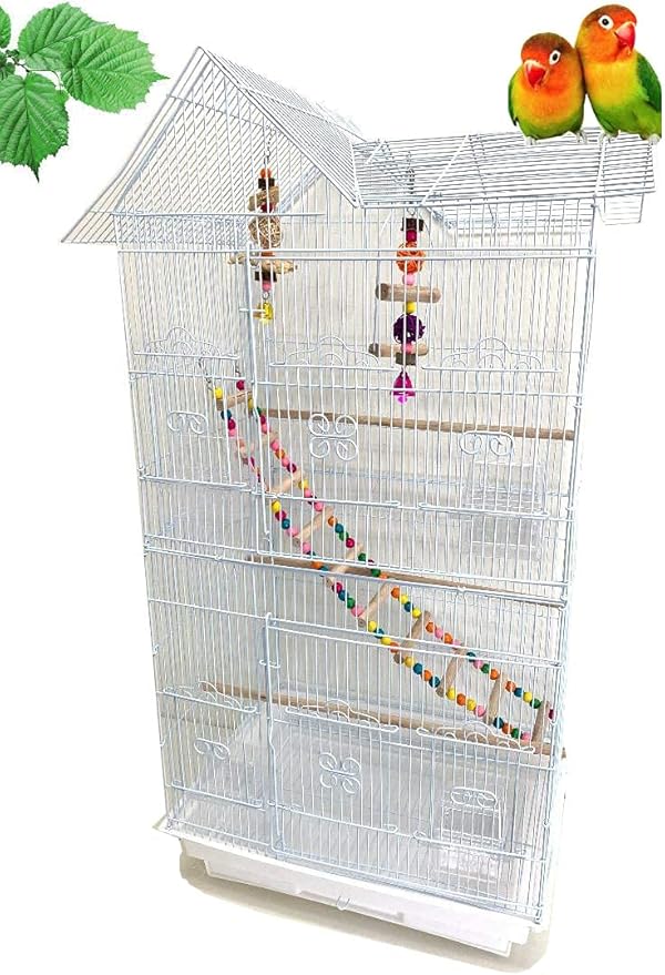 37-Inch Portable Hanging Medium Flight Bird Cage for Cockatiel Sun Quaker Parakeet Green Cheek Conure Parrotlet Finch Canary Budgie Lovebird Small Parrot Travel Bird Cage (White with Toy)
