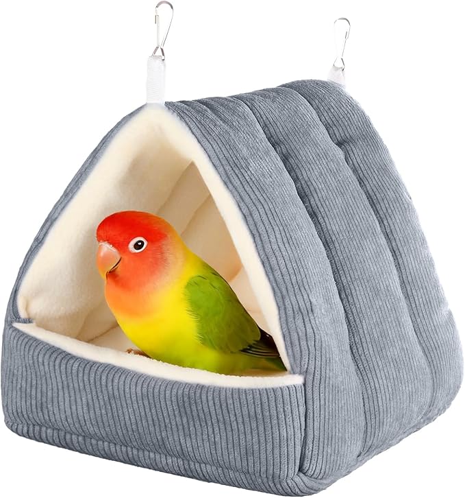Small Winter Warm Bird Bed for Cage with Soft Plush Hanging Hammock & Hut Tent, Hideaway Sleeping Nest for Budgies, Cockatiels, Small Animals, and Guinea Pig Hideouts (Grey, S)