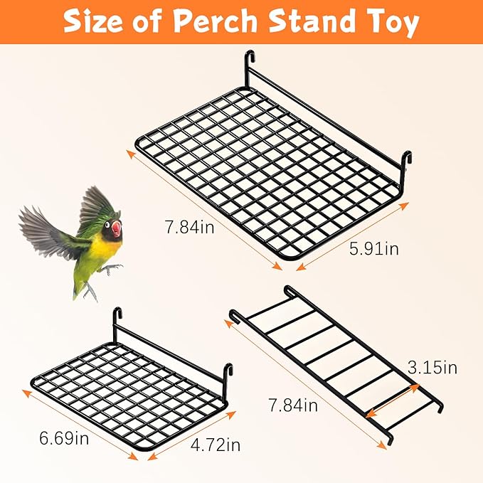 BNOSDM 4 PCS Bird Perches Platform, Stainless Steel Grid Platform for Parakeet Parrot Stand with Climbing Ladder Bird Cage Accessories for Small to Large Birds (Black)