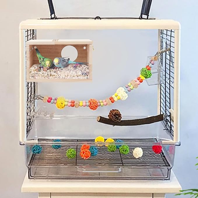 Rypet Parakeet Nesting Box Transparent Design, Thwartwise Bird Nest Breeding Box with Perch Wood Bird Cage House for Cockatiel Lovebirds Budgie Finch Parrotlets Canary XL