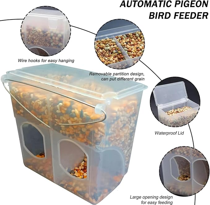 Automatic Pigeon Bird Feeder Water, 2 Pack Plastic Feeder Water Dispenser Drinkers for Cage, No Mess Hanging Parrot Food Feeding, Cage Accessories for Parakeet Quail Bird Chicken (2 Hole - Iron Wire)