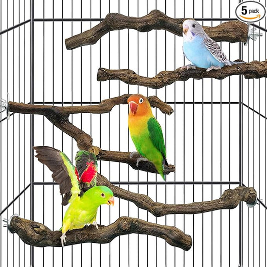 kathson 5pcs Natural Parrot Perch for Cage Wooden Bird Perches Grape Bird Stick Parakeet Climbing Standing Branches Toy Chewable Cage Accessories for Small Budgies Cockatiels Lovebirds Budgies