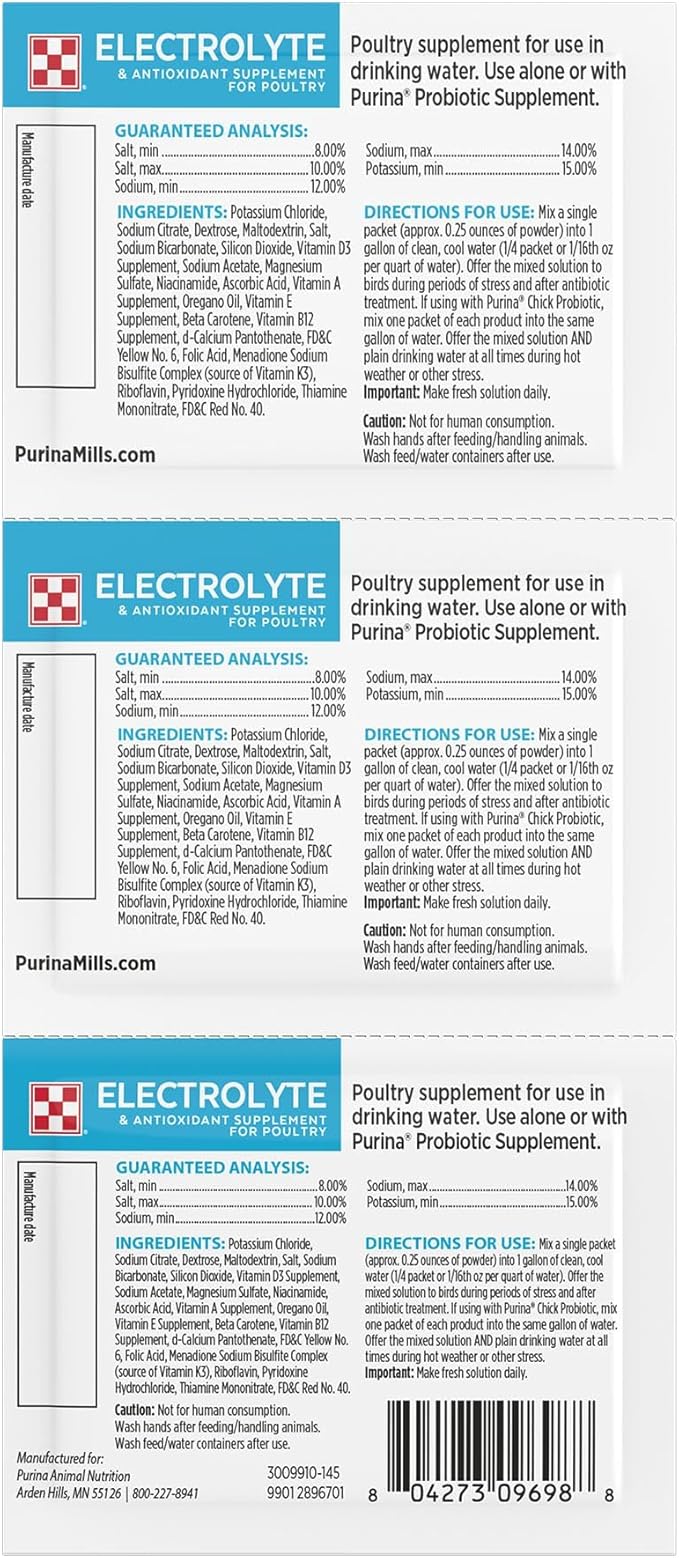Purina | Electrolyte & Antioxidant Supplement for Poultry | 3-0.25 oz Packets