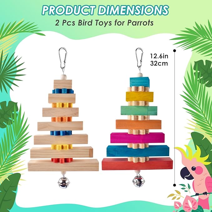DBNESS 2 Pcs Bird Toys for Parrots, Colorful Natural Large Parrot Toy Hanging Chew Wood Block with Bell for Medium to Large Cockatiels, Eclectus, African Greys, Amazon, Cockatoo