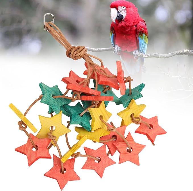 Shanrya Parrot Wooden Bite Toy, Bite Reducing Stress Wood Star Bird Chew Toy for Cockatiel for Parakeet for Bird Exercise Color