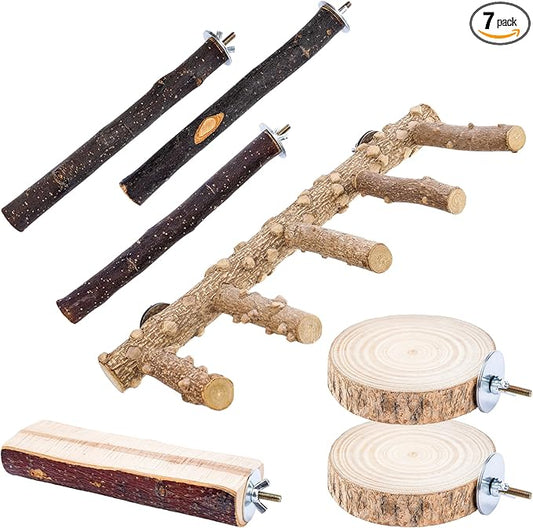 Bird Perches for Cage, 7PCS Natural Wood Bird Cage Accessories, Parakeet Toys Parrot Perch Stand for Parakeets, Budgies, Cockatiels, Lovebirds, Conures, Bird Ladder