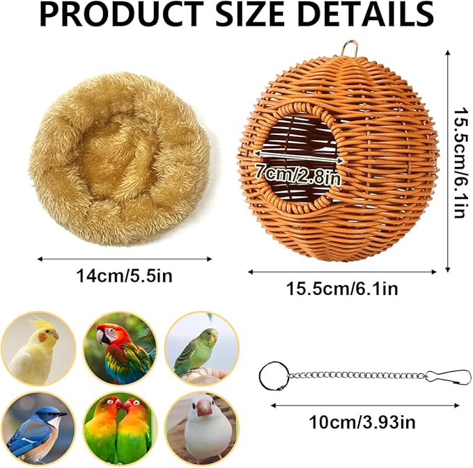 Suspended Bird Nest, Chew-Resistant Steel Frame, Breathable and Washable Small Bird Bed for Cage, Warm Nest for Canary, Lovebird, Budgie, Finch (Brown)