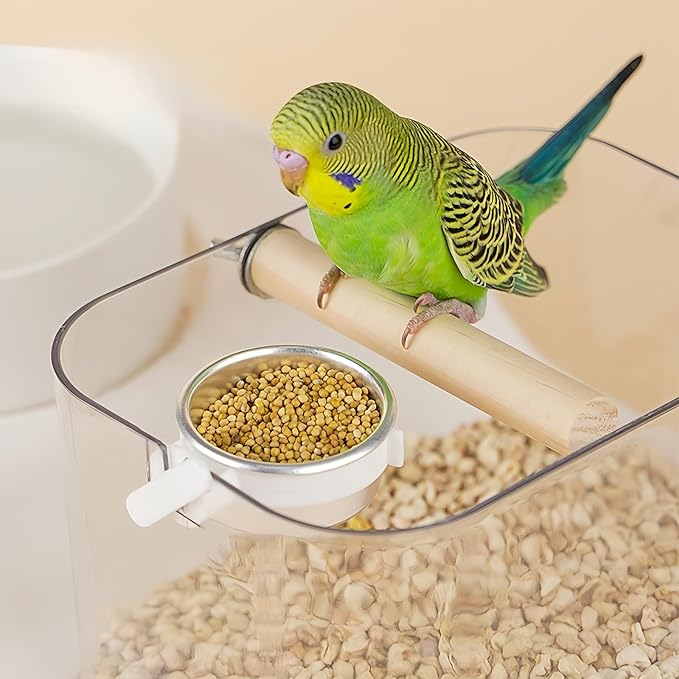 Bird Desktop Training Stand with Wood Stand, Bowls and Brush, Bird Playstand Portable Training Playground for Budgies, Cockatiels, Lovebirds,Conures, Parakeet Cage Accessories