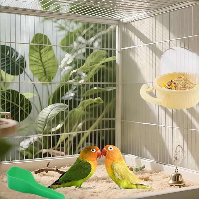 1 Pack Bird Cage Feeder No Mess Dispenser Cup with Perch for Parakeet Budgies Cockatiel Lovebird Small Birds (Yellow)