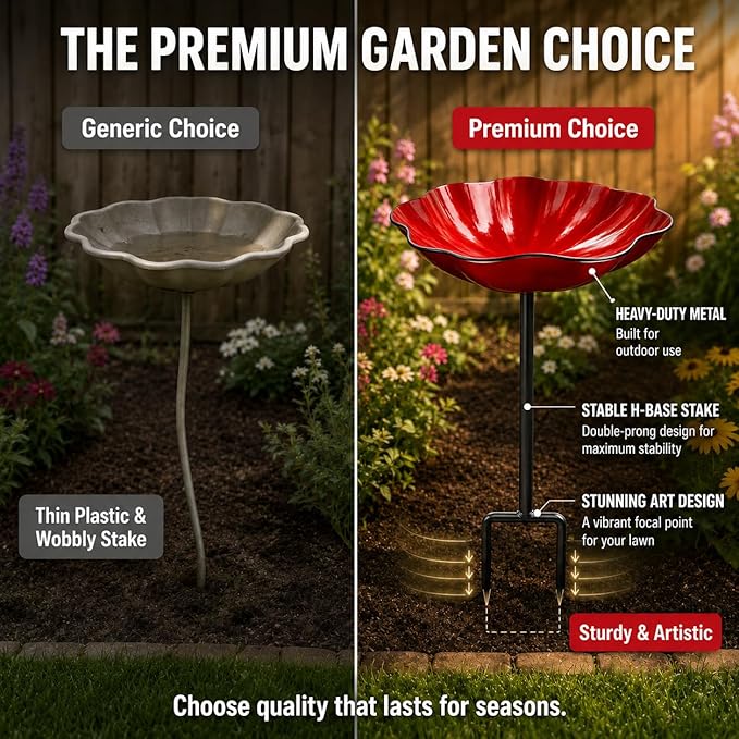 Bird Bath for Outside, Metal Flower Stakes with Bee Watering Station for Garden Decor, Decorative Flower Bath for Yard Patio or Backyard (Orange)
