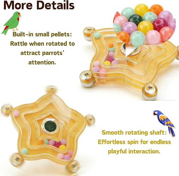 Spinning Bird-Toys Bird Cage Toys & Bird Perch Parrot-Parakeet Budgie Cockatiel Conure Macaw Chicken Parrot Enrichment Cage Accessories Small Animal Chewing Toy (Yellow Star)