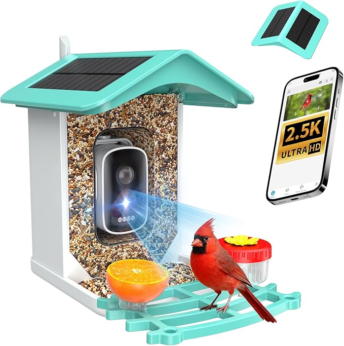 Smart Bird Feeder with Camera, AI Identifies 16,000+ Birds, Solar Powered, 2.5K HD, Auto Capture & Notify, Ideal Gift for Bird Lovers