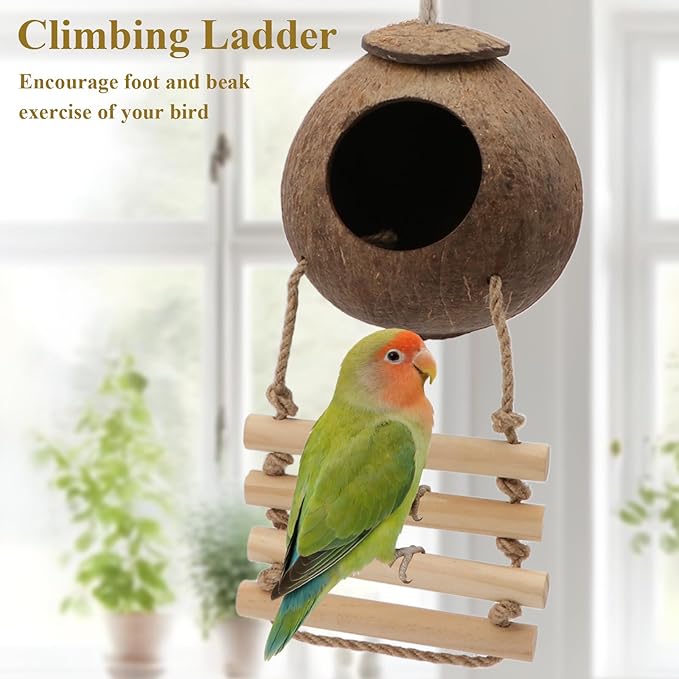Hypeety Natural Coconut Hideaway Birds Toys Decorative Bird Nest Cage House with Bird Ladder Parakeet Budgie Cage Bird Nest