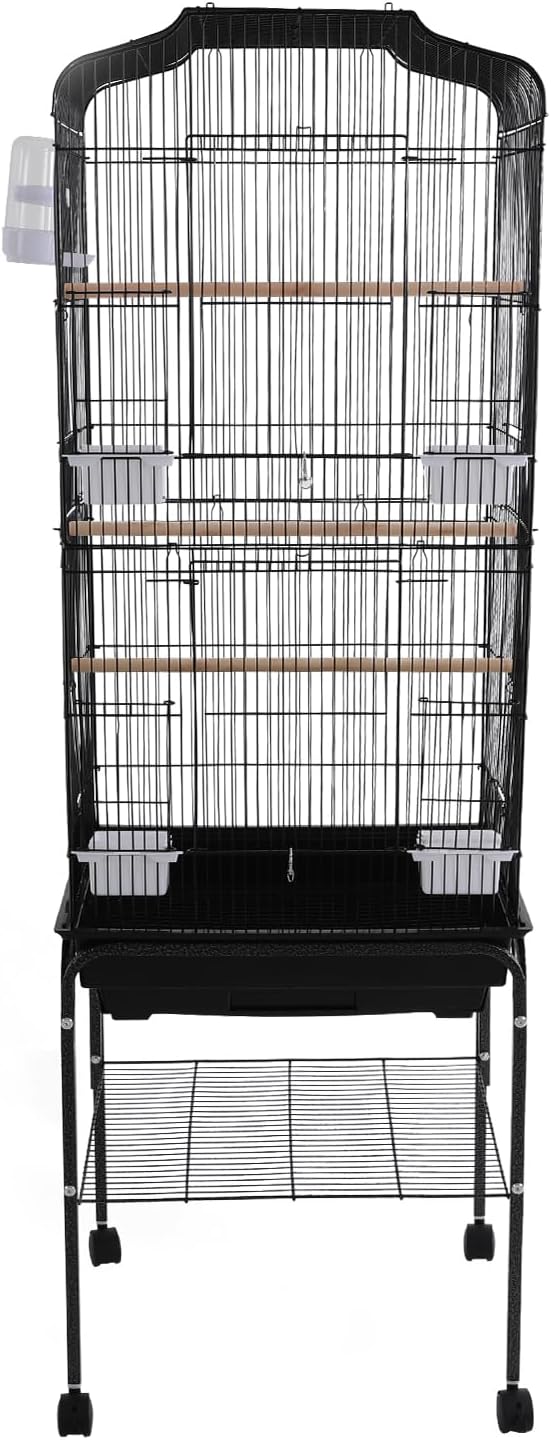Large Bird Cage with Stand & Wheels, Freestanding Parakeet Birdcage with Feeding Bowls & Waterer, 54 Inch Bird Flight Cages for Parrot Canaries Cockatiels Budgie Parrotlet (Black)