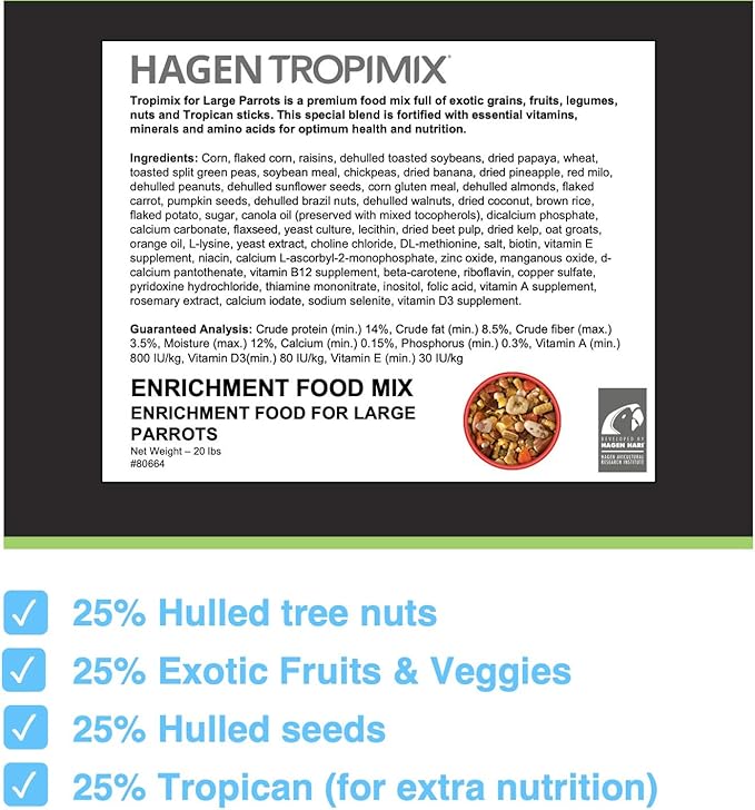 Hari Tropimix Bird Food, Large Parrot Food with Seeds, Fruit, Nuts, Vegetables, Grains, and Legumes, Enrichment Food, 20 lb Bag