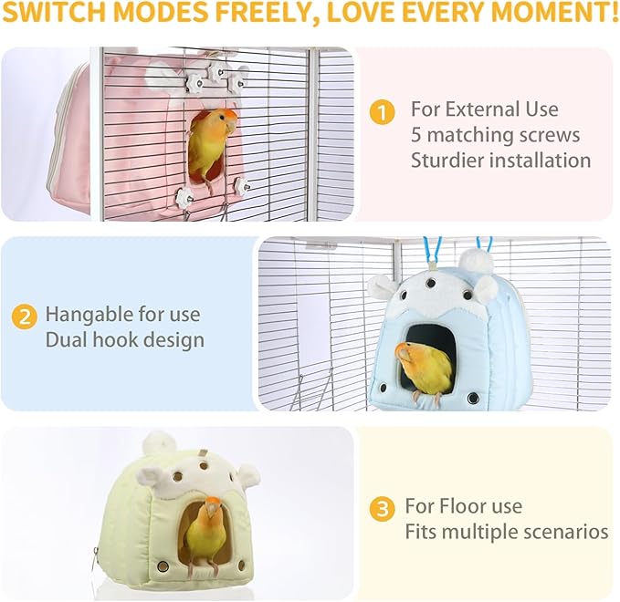 Multi-Use Winter Warm Bird Bed, Parakeet Nest & Hammock for Cage - 3-Way Use: Cage-External Mount, Internal Hanging & Floor Placement for Lovebird, Budgies, Parakeets, Cockatiels & Guinea pig (Yellow)