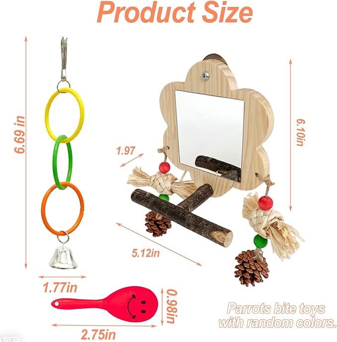 Bird Mirror with Perch, Cockatiel Mirror for Cage, Parakeet Toys with Chew Toy,Bird Cage Accessories for Parrot Conure Lovebirds Finch Canaries(Pinecone)