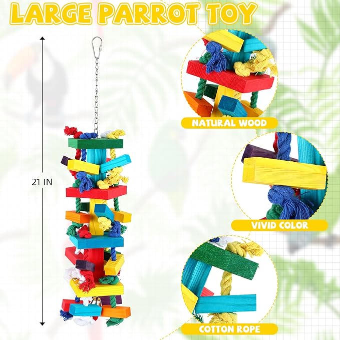 Soulchen 4 Pcs Extra Large Bird Parrot Toy Set Natural Wooden Chewing Toy, Rattan Ball, Wood Nut Loofah String (Bagged) for Large Macaws, African Grey, Amazon Parrots (Wooden Block)