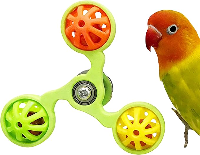 Spinning Bird-Toys Bird Cage Toys & Bird Perch Parrot-Parakeet Budgie Cockatiel Conure Macaw Chicken Parrot Enrichment Cage Accessories Small Animal Chewing Toy (Green Spinner Bell)