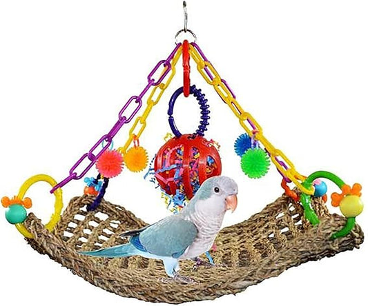 Super Bird Creations SB748 Flying Trapeze Bird Toy for Conures, Quakers, Cockatiels, Parrots, Senegals, Multi-Colored Chain, Seagrass Mat, Enrichment Toy - Medium Bird Size, 14" x 13" x 12"