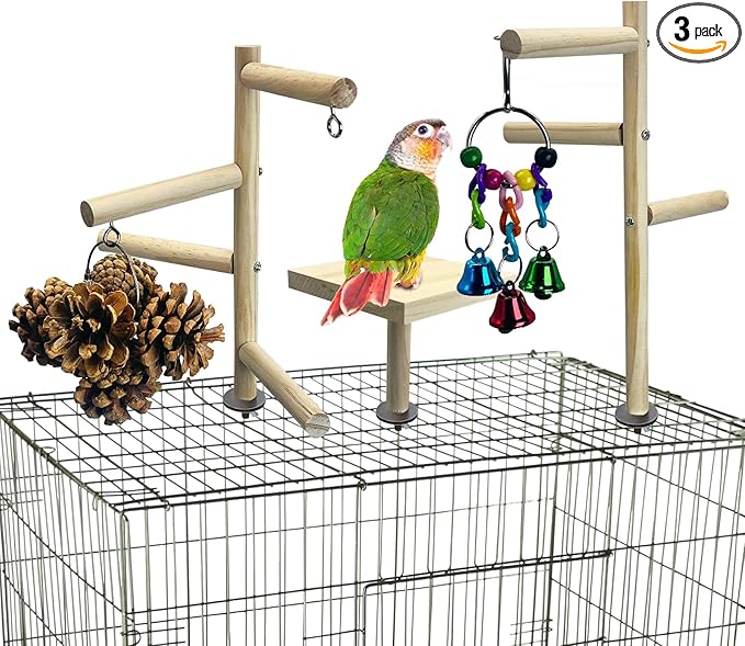 PINVNBY 3 PCS Wooden Small Bird Playground for Top of Cage, Wood Parrot Stands Perch Birds Gym with Hanging Chewing Toys Bird Cage Accessories for Parakeet Conure Love Birds Budgie