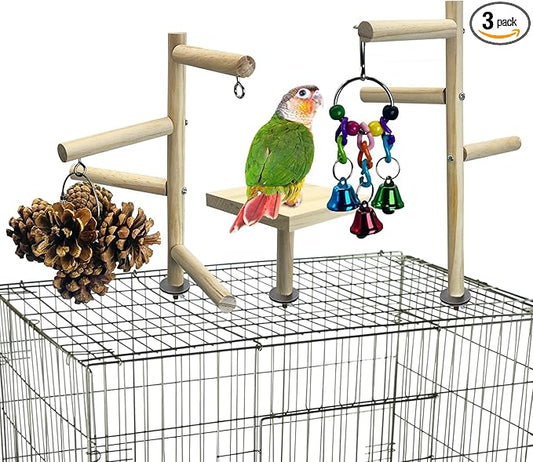 PINVNBY 3 PCS Wooden Small Bird Playground for Top of Cage, Wood Parrot Stands Perch Birds Gym with Hanging Chewing Toys Bird Cage Accessories for Parakeet Conure Love Birds Budgie