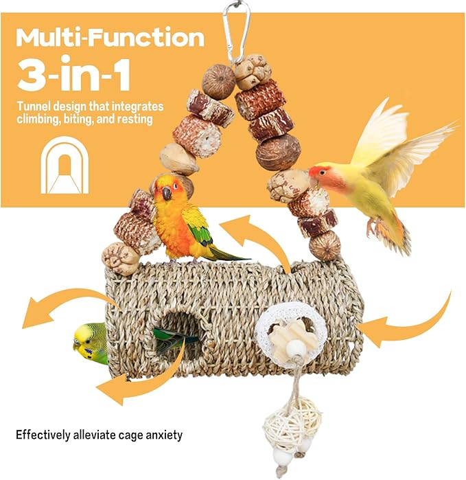 Bird Nest for Cage with Natural Chewing Toys,Hideaway Shelter Hut Parakeet Hanging Bird Tunnel Bed with Handwoven Breathable Seagrass, Small Parakeet Bed for Canary, Budgie Rest & Chew & Play(SD)