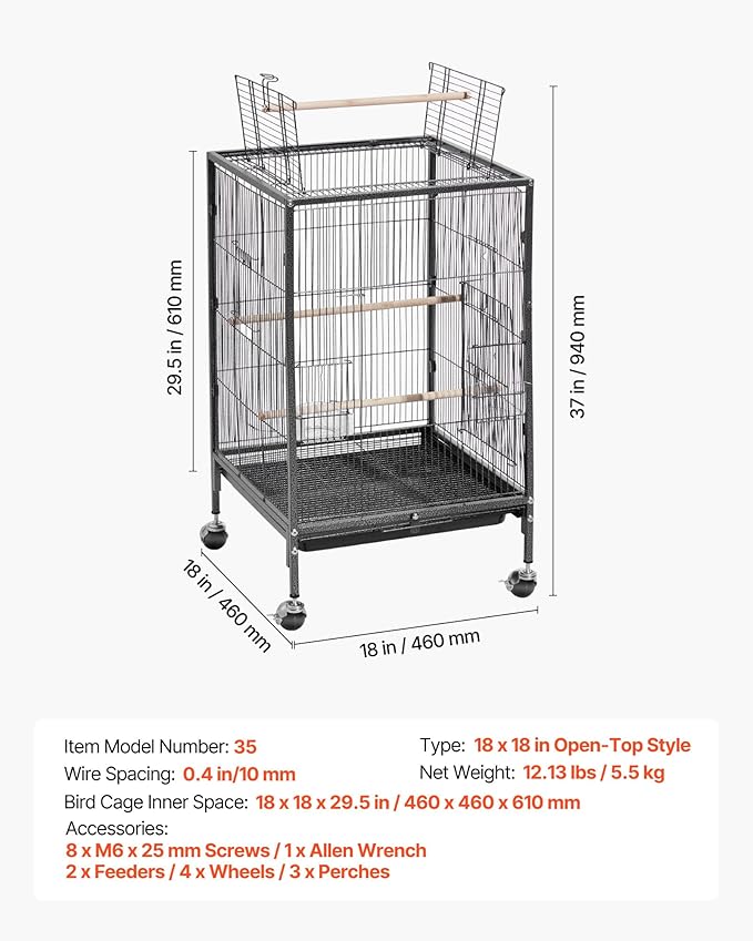 VEVOR Bird Cage, 18 x 18 x 30 inch, Open Flat Top, Wrought Iron Bird Flight Cage with Perches, Slide-Out Tray and Plastic Feeders, Casters, for Parrot, Blue Tit, Cockatiel, Canary, Budgerigar, Conure