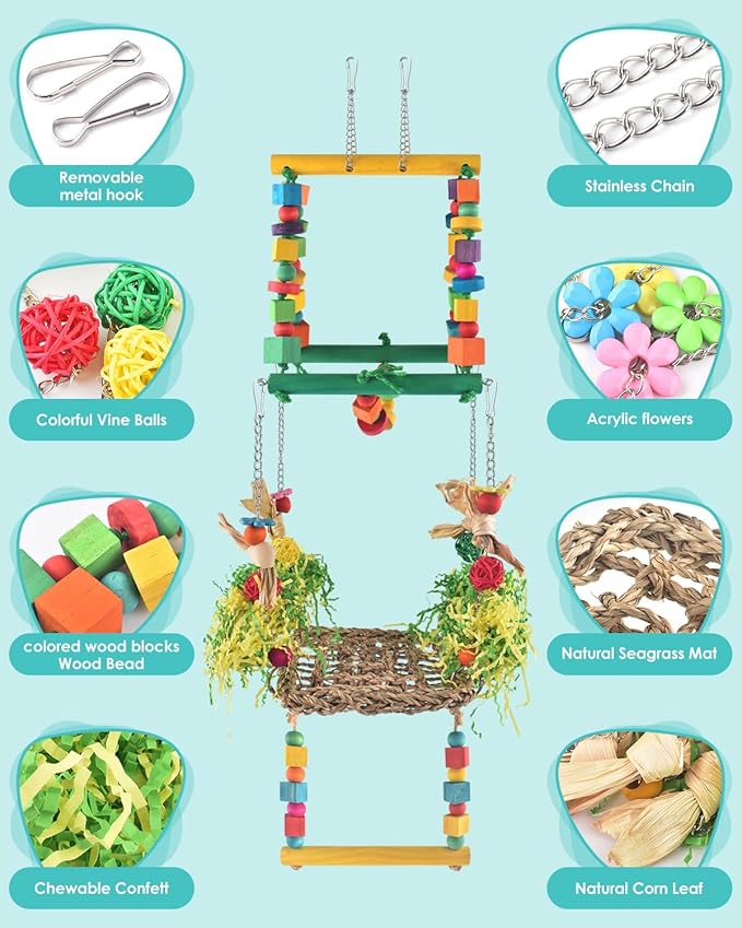 DBNESS Bird Hammock Toys Parakeet Perches Swing, 3in1 Detachable Parrot Cage Accessories, Wooden Hanging Chew Toys for Medium Conure Cockatiel Quaker Lory
