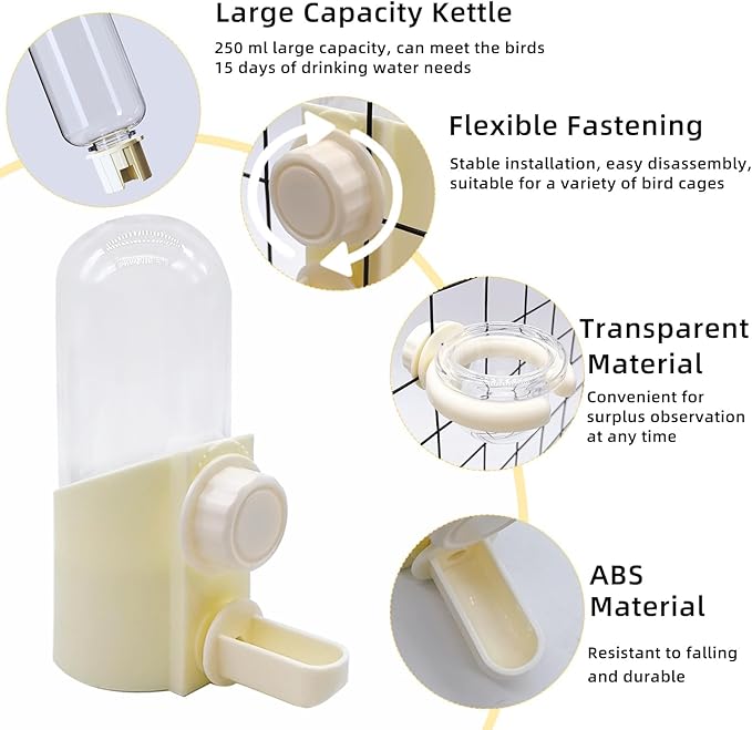 Bird Water Dispenser Automatic Bird Feeder for Cage Set, No Mess Parakeet Water Dispenser for Parrots, Cockatiels, Finches, Budgies (3PCS, Yellow)