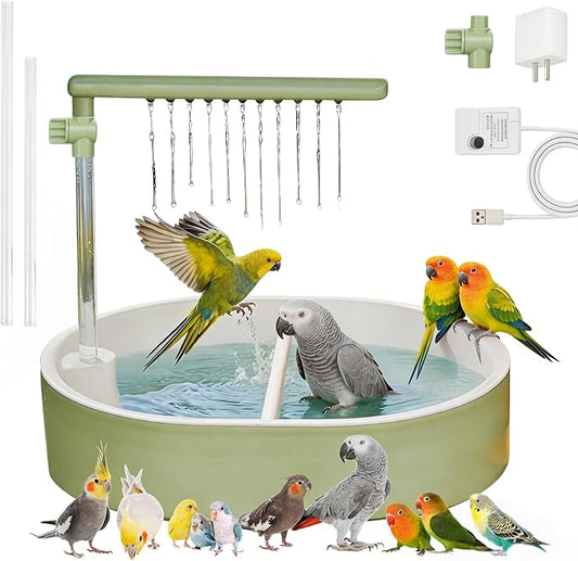 Bird Shower Parakeet Bath for Cage with Adjustable Water Flow Control Valve, Parrot Shower Bath for Budgies with Plug, Automatic Circulating Water Fountain for Pet Bird, Cockatiel, Conure(green pipe)