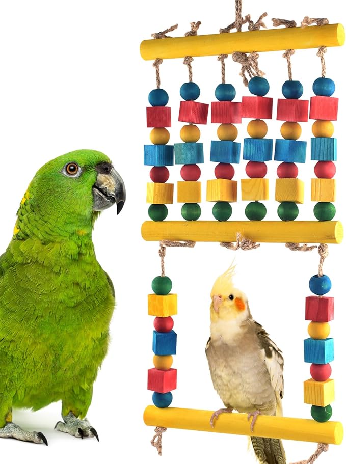 DBNESS Bird Toys, Parrot Chew Swing Toy with Perches Stand, Hanging Colorful Wood Block Bird Cage Accessories for Small to Medium Quaker African Grey Budgie Cockatiels Amazon Parrots