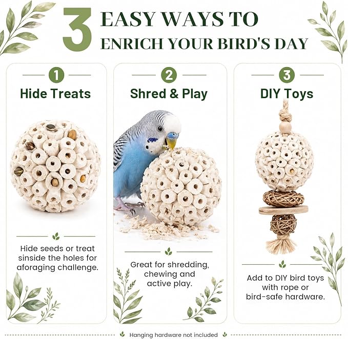 Bird Toys Sola Balls 2.36'' - 6PCS, Bird Foraging Toy, Soft Sola Atta Ball, Parrot Chew Shred Toy for Sharpening Claws and Beaks for Cockatiel, Parakeets, Conure, Love Birds, Budgie and Small Birds