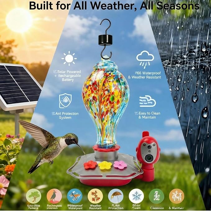 Hummingbird Feeder with Camera, Smart Glass Humming Bird Feeder Camera Solar Powered, AI Identify and Instant Notifications, 2K Live View, Leak-Proof Ant & Bee Proof