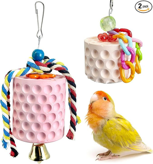 PINVNBY Bird Beak Grinding Stone 2Pcs Bird Chewing Toys Lava Calcium Block with Bell Hanging Parrot Chewing Toy Cage Accessories for Parakeets Conures Cockatiels Budgies Lovebirds