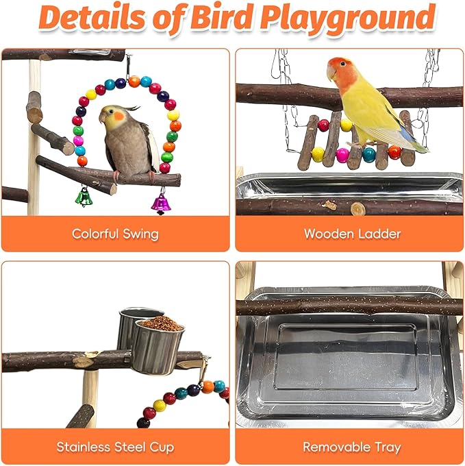 Kathson Wood Bird Playground Parrot Play Stand Bird Stand with Feeder Cups Birds Perch Stand with Ladder Hanging Swing Chewing Toys Conure Cage Accessories for Parakeet Conure Lovebird Cockatiel