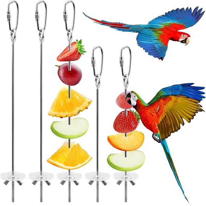 LELE LIFE 5Pcs Bird Cage Food Holder, Hanging Parrot Fruit Vegetable Skewer, Stainless Steel Bird Foraging Toys Bird Cage Feeder for Parakeet Budgie Bird Cage Accessories