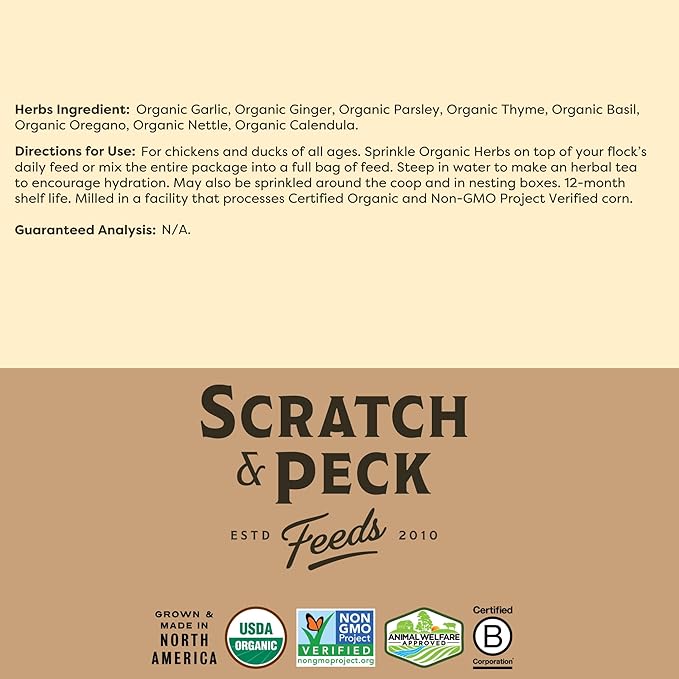 Scratch and Peck Feeds You are What Your Animals EAT Naturally Free Organic Herbs, Layer Grit, Feed for Chickens Ducks - Non-GMO Project Verified, Soy Corn